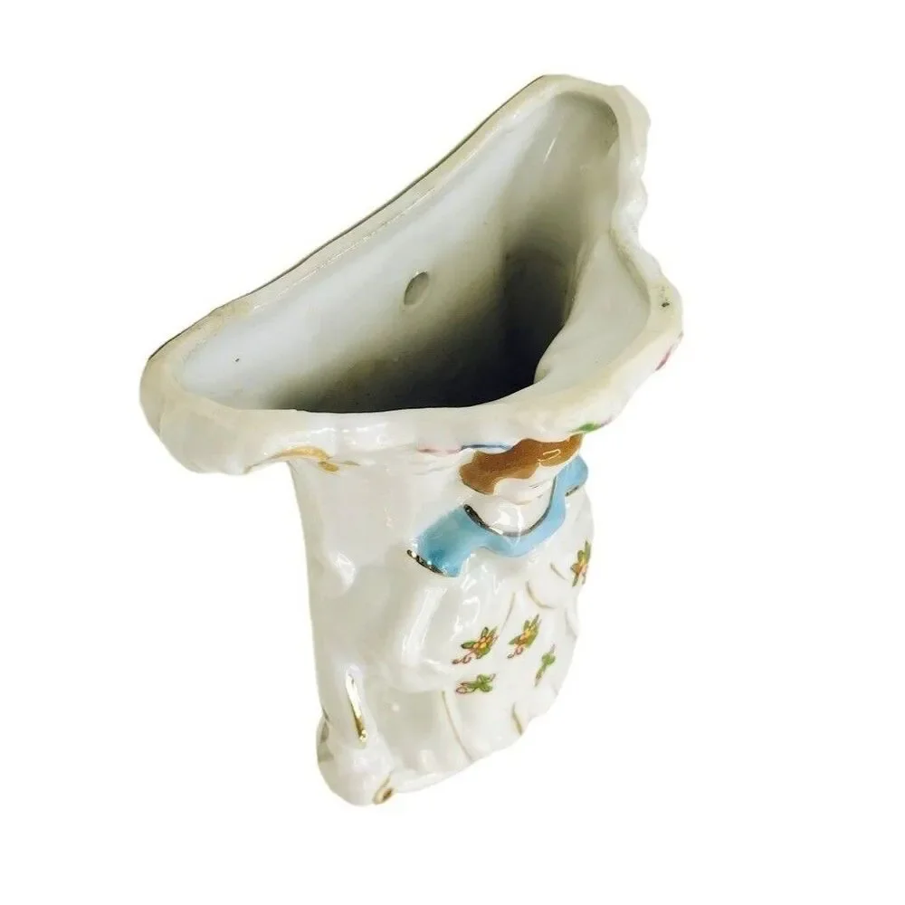 VTG 40s Hand Painted  Porcelain Victorian Lady & Flowers Pocket Wall Vase Japan